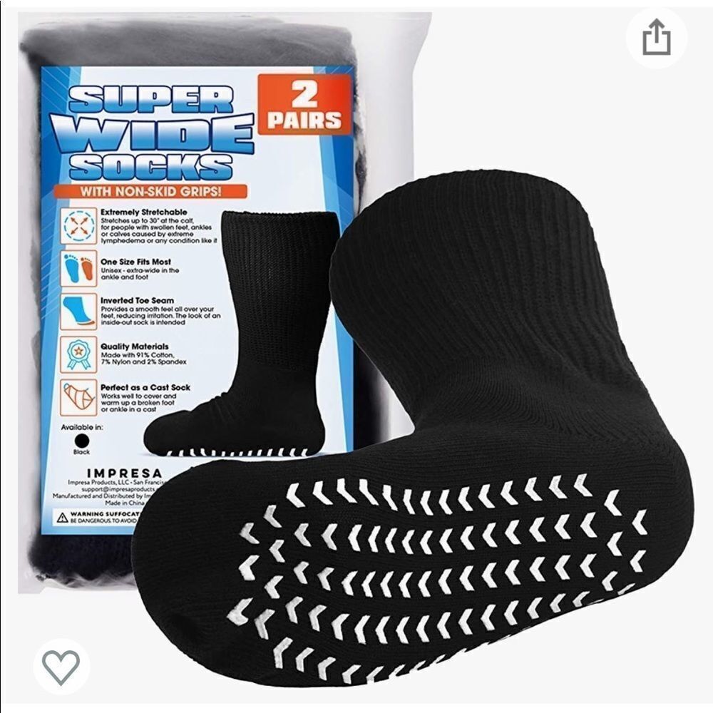 Super wide socks with nonskid grips. One size fits most